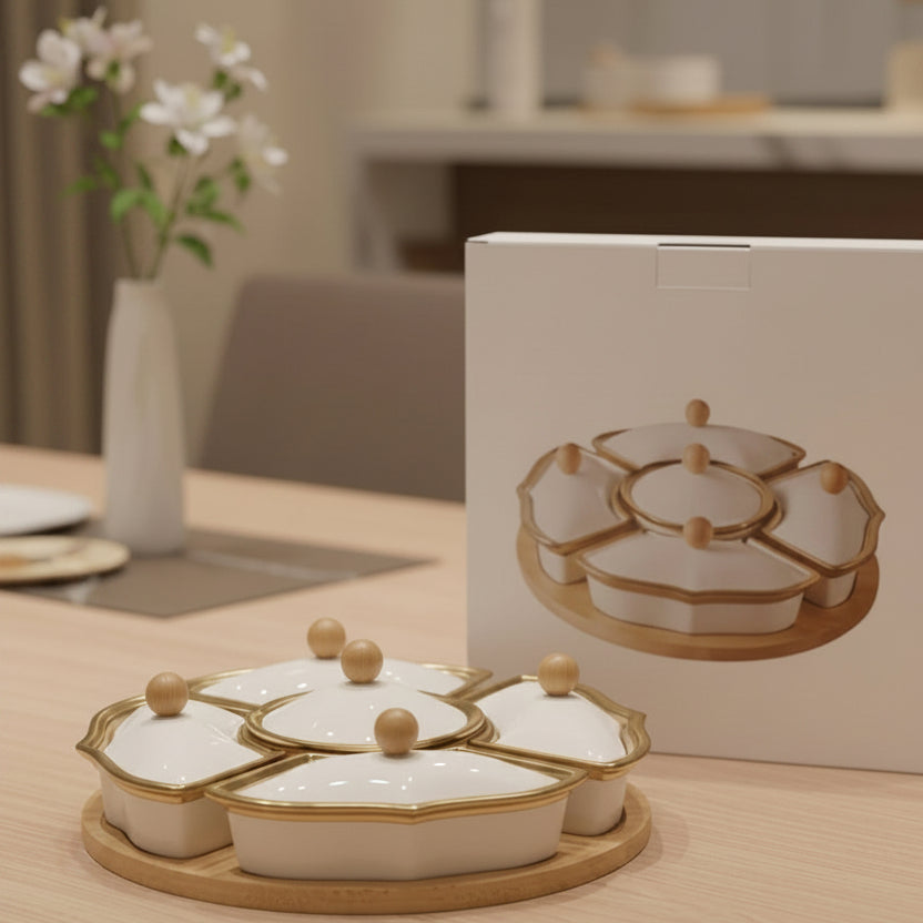 6-Piece Flower-Shaped Ceramic Serving Tray Set with Lids & Wooden Base