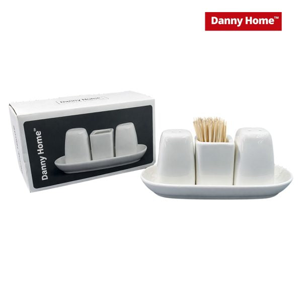 Danny Home Porcelain Salt & Pepper Shaker Set with Toothpick Holder (4-Piece Set)