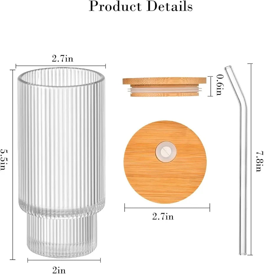 Ribbed Drinking Glasses with Bamboo Lids and Straws 400ML - My Store