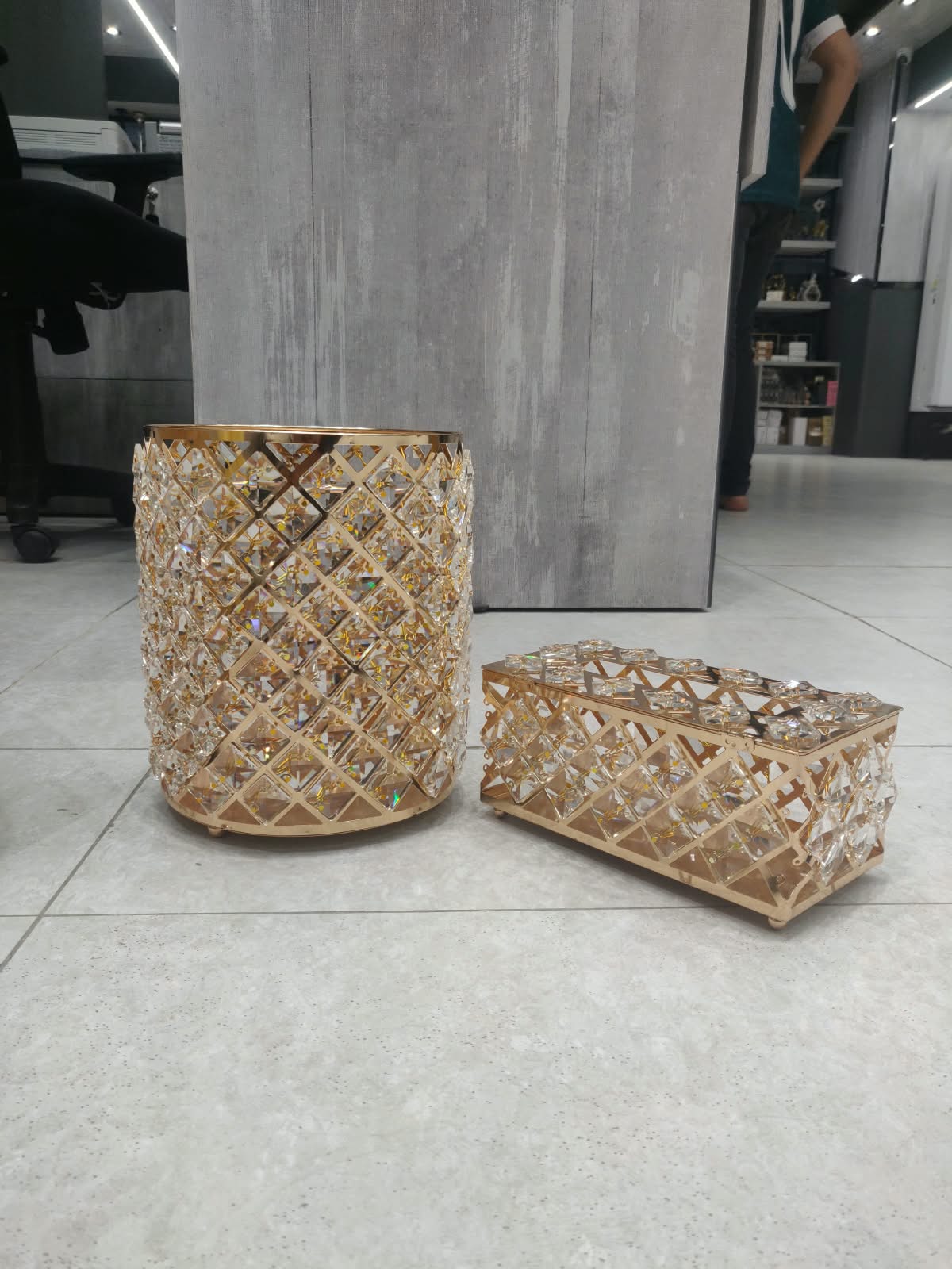 Luxury Golden Crystal Dustbin & Tissue Box Set | Elegant Home Décor