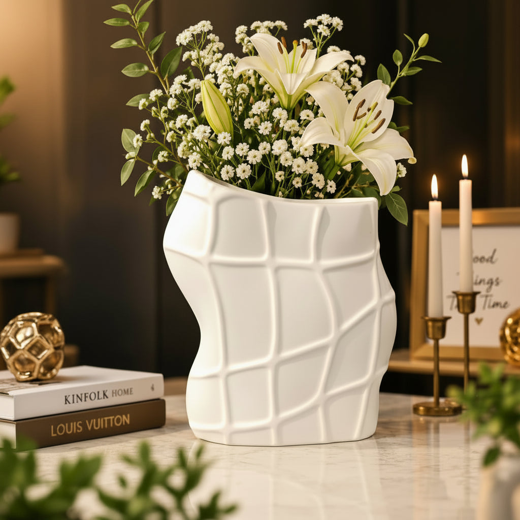 Geometric Wave Grid Ceramic Accent Vase