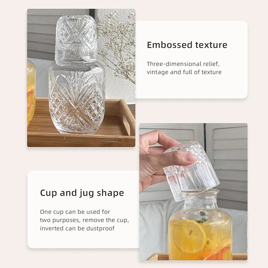 Danny Home Vintage Embossed Glass Bedside Carafe Set with Cup – 600ml