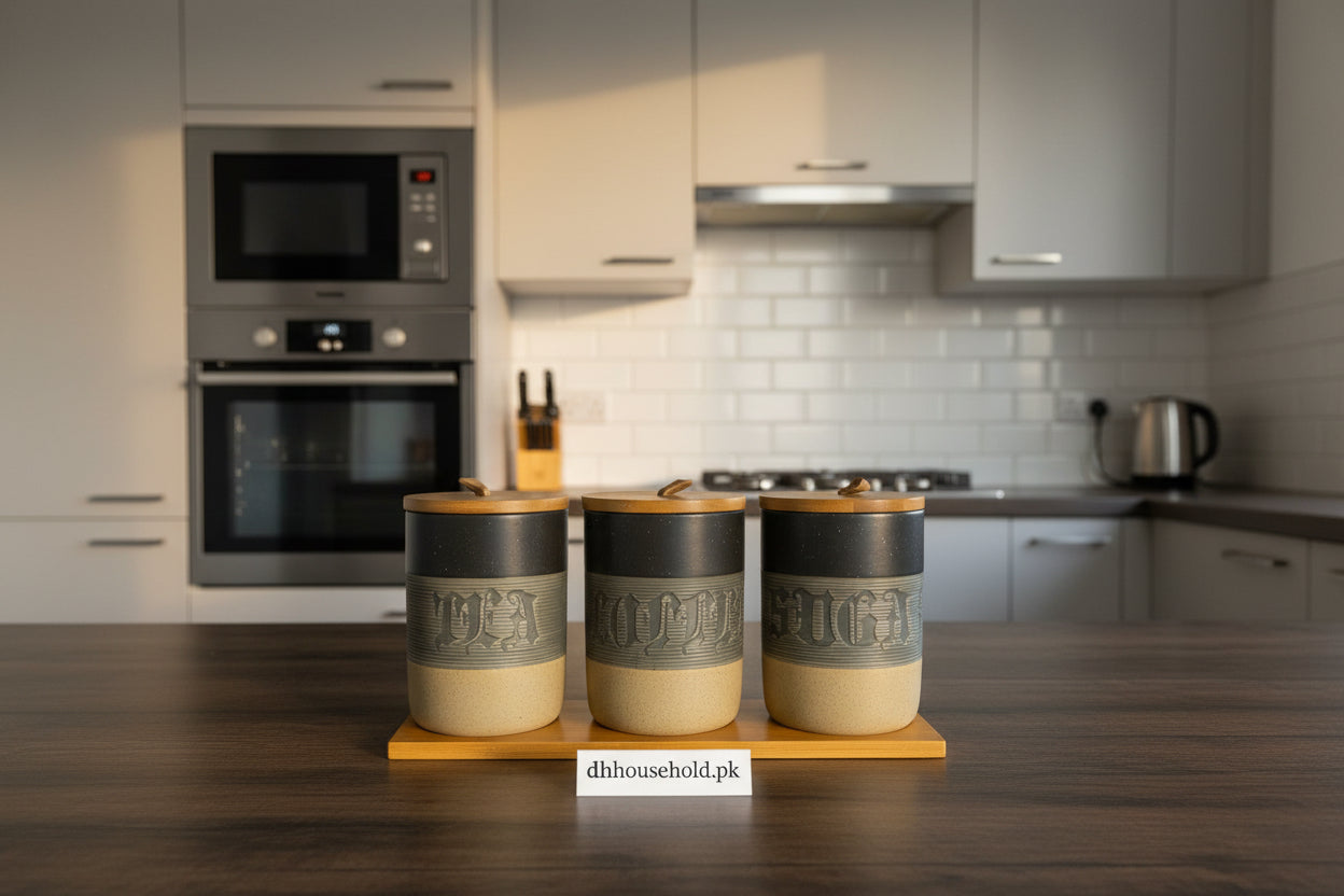 Ceramic Tea Coffee Sugar Canister Set with Wooden Lids - My Store
