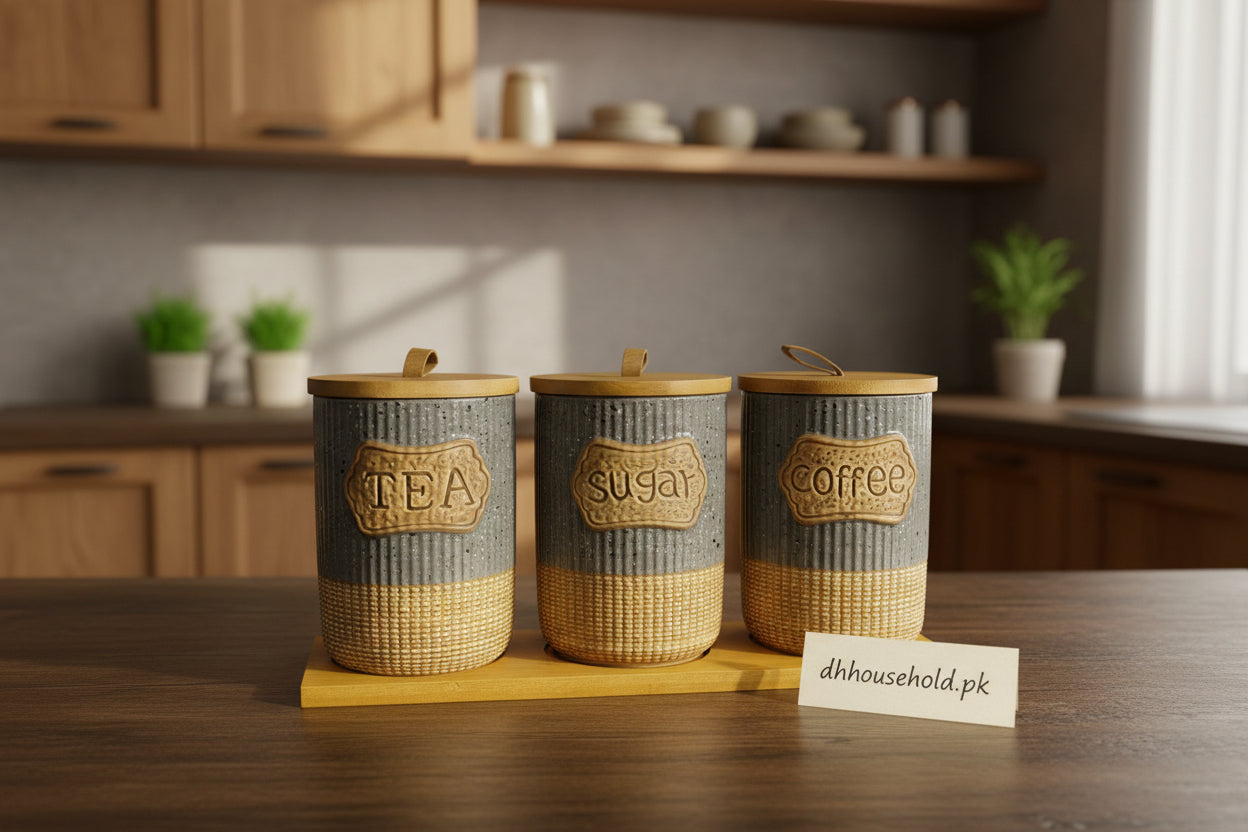 Ceramic Tea Coffee Sugar Canister Set with Wooden - My Store