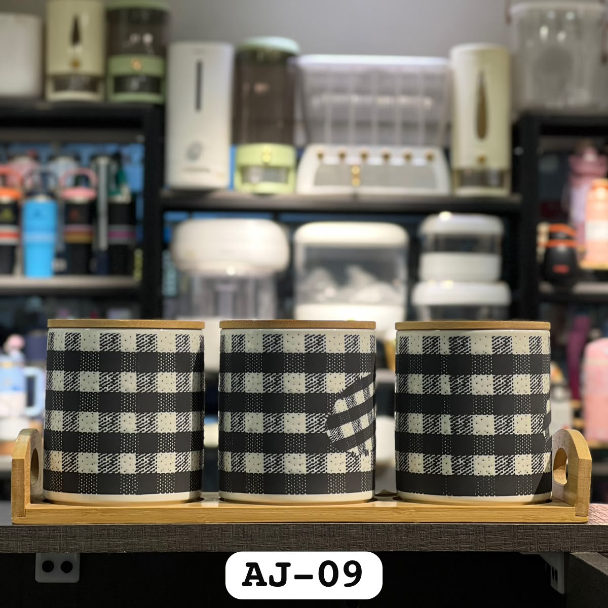 Gingham Checkered Ceramic Canister Set with Bamboo Lid & Tray – Set of 3