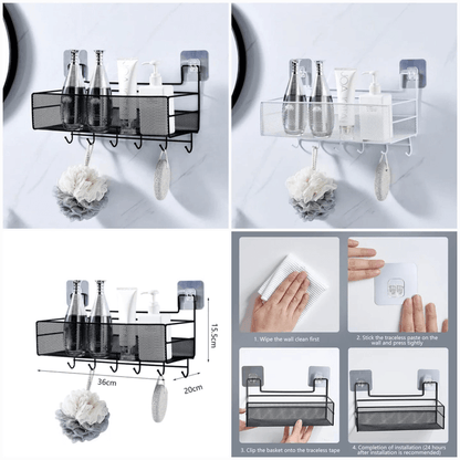 Metal Meshed Wall-Mounted Shelf with Hooks - My Store