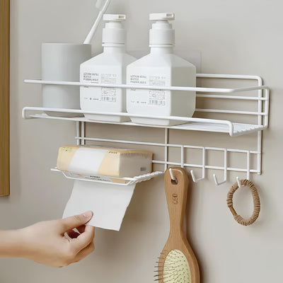 Wall-Mounted Metal Shelf With Hooks & Soap Dish