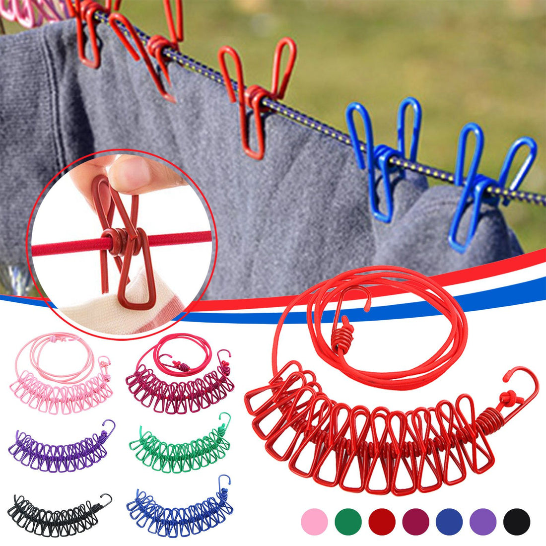 Elastic Clothesline 12 Clips Rope