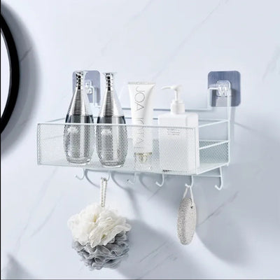 Metal Meshed Wall-Mounted Shelf with Hooks