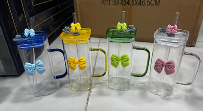 Premium Glass Tumbler with Airtight Lid, Handle & Glass Straw