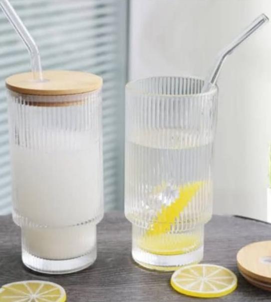Premium Ribbed Drinking Glasses with Bamboo Lids and Straws 400ML