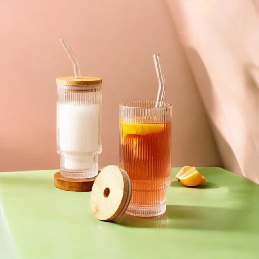 Premium Ribbed Drinking Glasses with Bamboo Lids and Straws 400ML