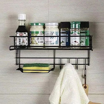 Wall-Mounted Metal Shelf With Hooks & Soap Dish