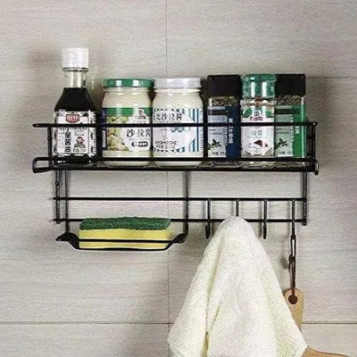 Wall-Mounted Metal Shelf With Hooks & Soap Dish