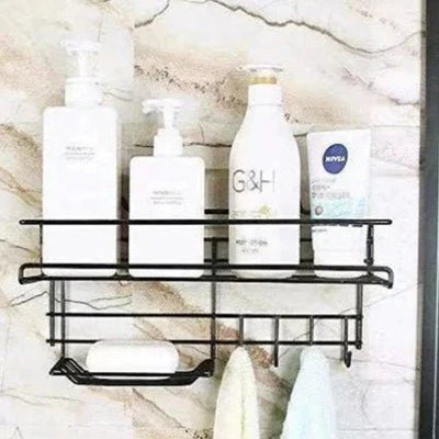 Wall-Mounted Metal Shelf With Hooks & Soap Dish