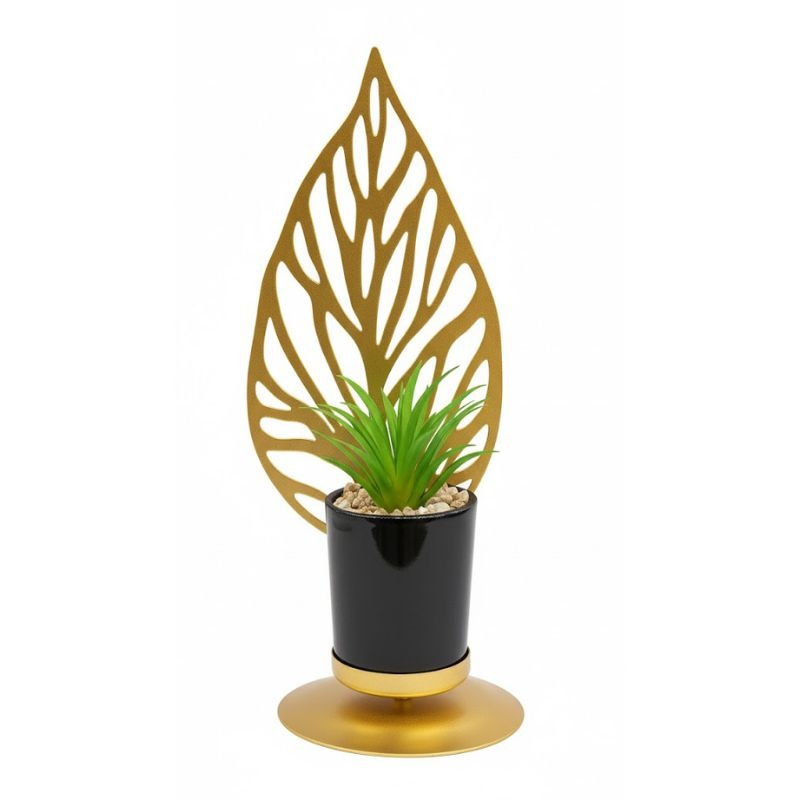 Golden Metal Leaf With Pot Table Plant Showpiece