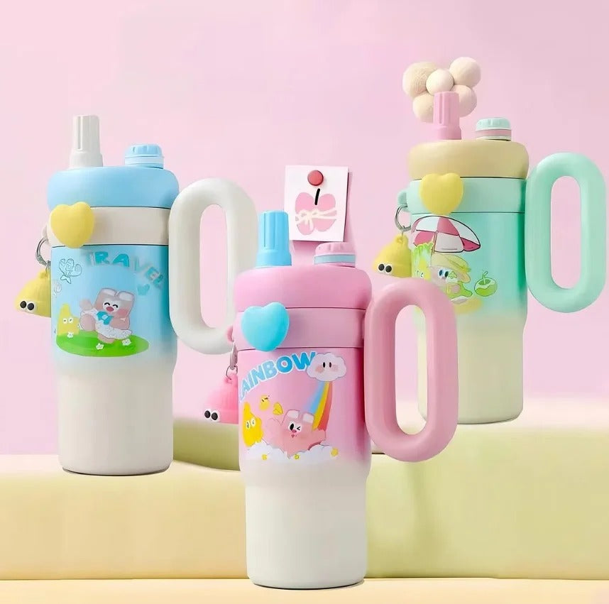 Cute Kawaii 850ml Stainless Steel Tumbler & Sipper with Handle