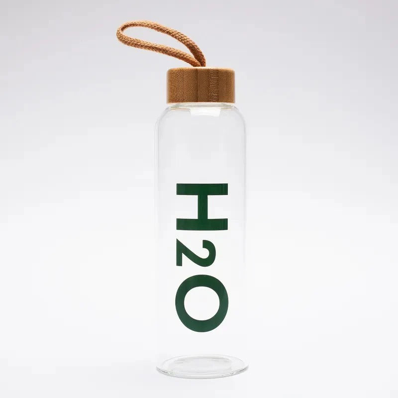 H2O Wooden Cap Glass Water Bottle