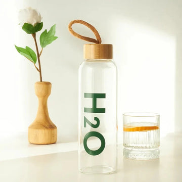 H2O Wooden Cap Glass Water Bottle