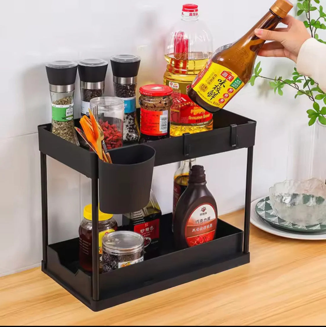 2 Tier  Storage Rack With Hooks Hanging
