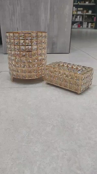 Luxury Crystal Tissue Box & Cylinder Storage Container Set – Gold Accent