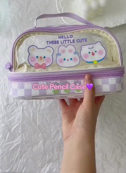 Three Little Cute Double-Layer Pencil Case – Pastel Purple
