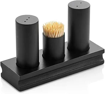 Modern Matte Black Marble Salt & Pepper Shaker Set with Toothpick Holder & Wooden Base