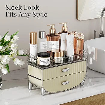 2-Tier Fluted Makeup Organizer with Drawers – Cream & Silver - My Store