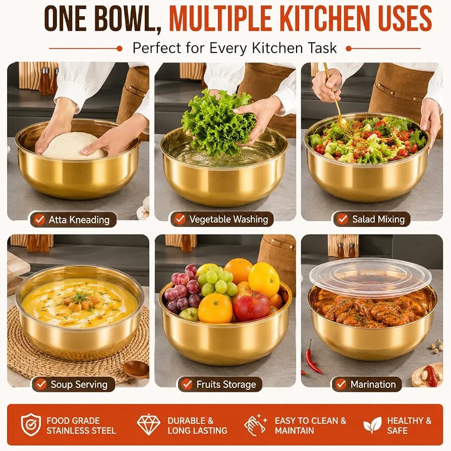 32cm Golden Stainless Steel Mixing & Serving Bowl with Airtight Lid