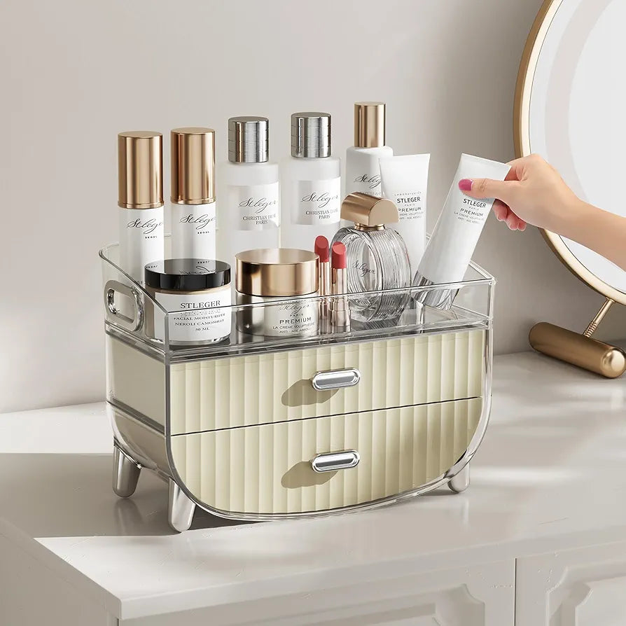 2-Tier Fluted Makeup Organizer with Drawers – Cream & Silver - My Store