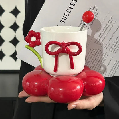 3D Flower & Bow Knot Ceramic Mug Set with Blossom Saucer & Spoon