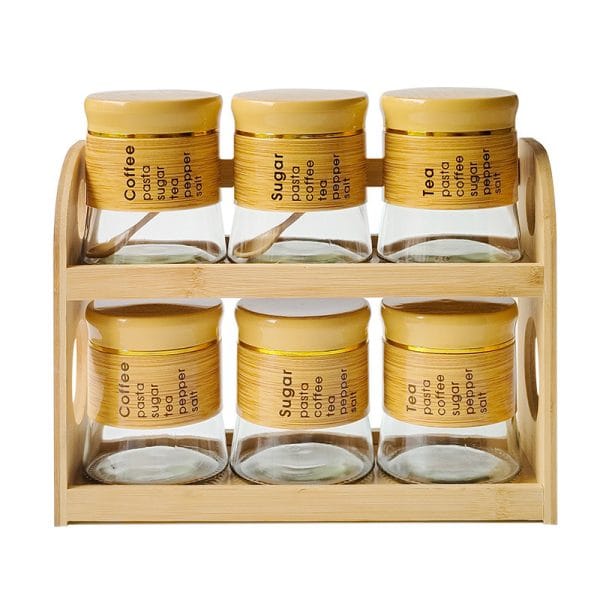 6-Piece Glass Spice & Condiment Jar Set with Wooden Rack