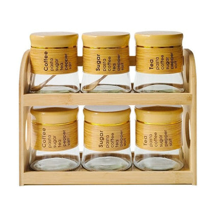 6-Piece Glass Spice & Condiment Jar Set with Wooden Rack