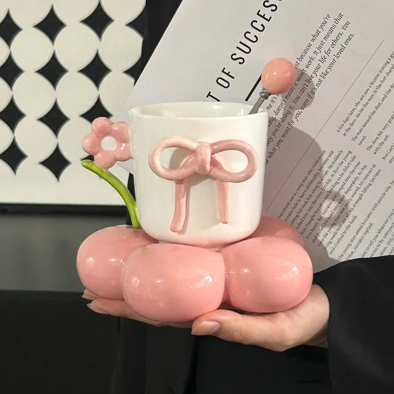 3D Flower & Bow Knot Ceramic Mug Set with Blossom Saucer & Spoon