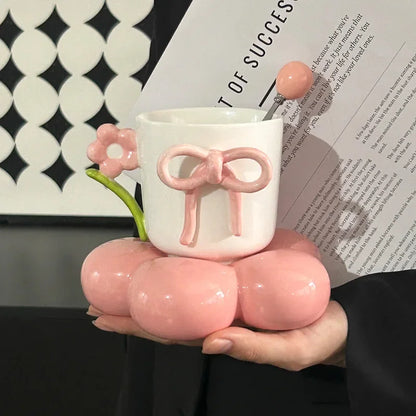 3D Flower & Bow Knot Ceramic Mug Set with Blossom Saucer & Spoon