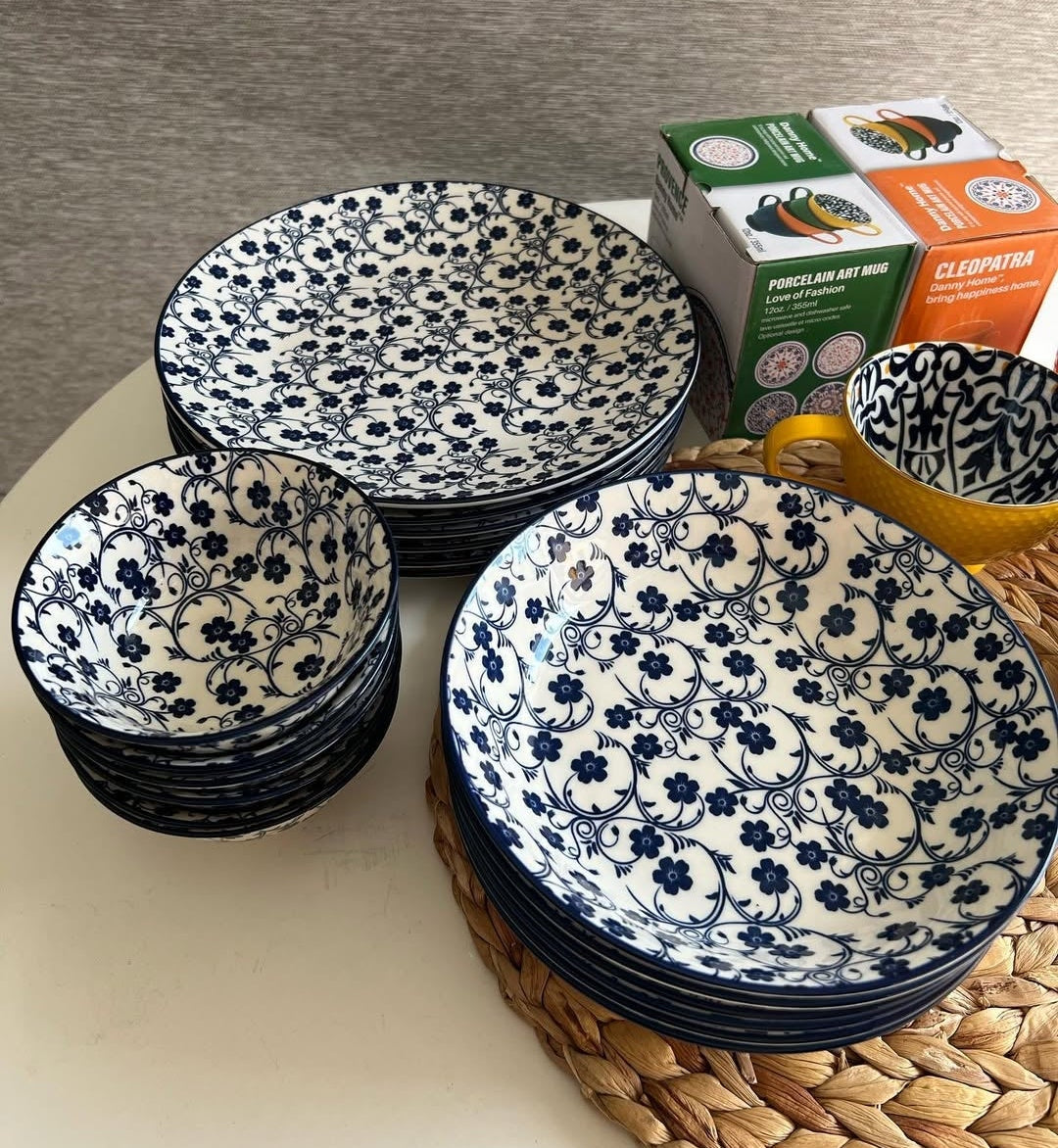 Danny Home Blue Floral Porcelain Deep Plate Collection - My Store