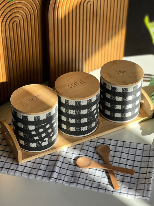 Gingham Checkered Ceramic Canister Set with Bamboo Lid & Tray – Set of 3