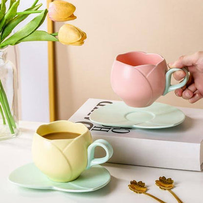 Tulip Ceramic Coffee Cup & Leaf Saucer Set