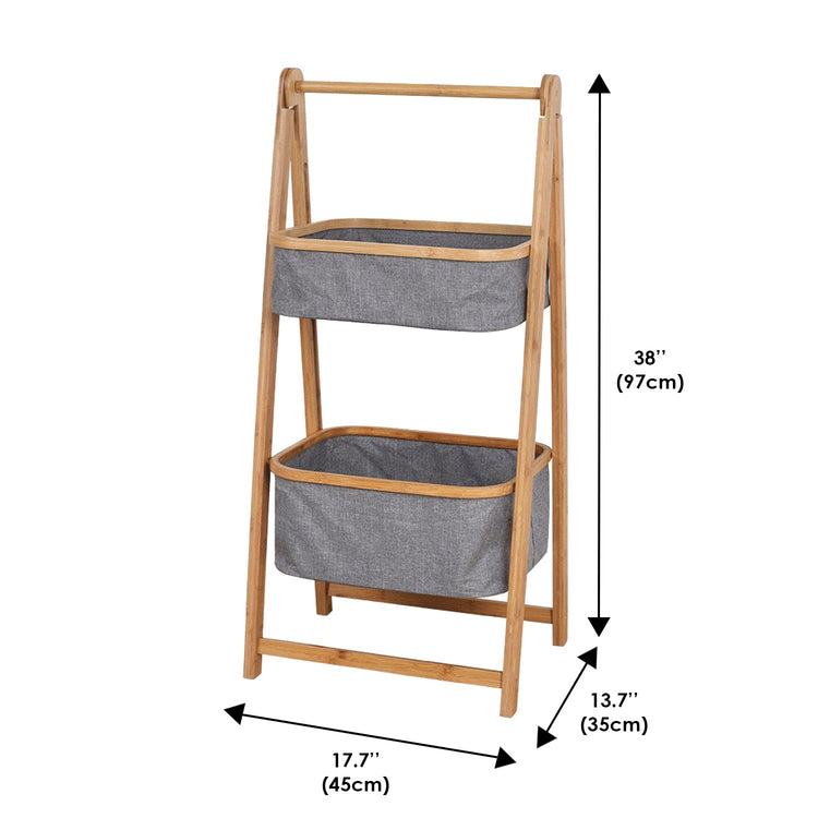 2/3-Tier Natural Bamboo Storage Rack with Fabric Baskets – Foldable & Multi-Purpose