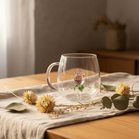 Creative 3D Floral Glass Mug with Color-Tinted Handle – 350ml