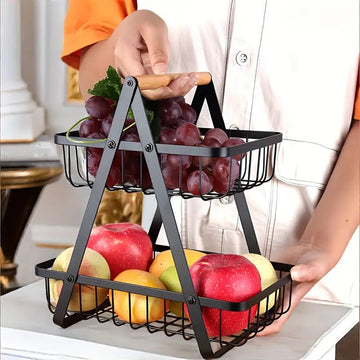 2-Tier Metal Fruit Basket with Wooden Handle - My Store