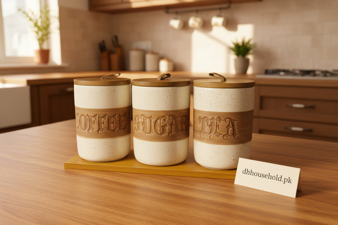 Ceramic Tea Coffee Sugar Canister Set with Wooden Lids - My Store