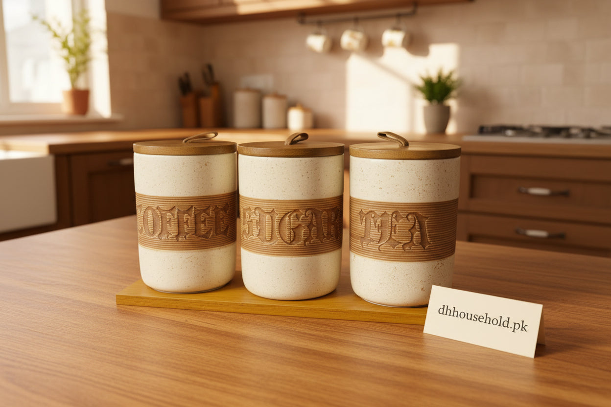 Ceramic Tea Coffee Sugar Canister Set with Wooden Lids - My Store