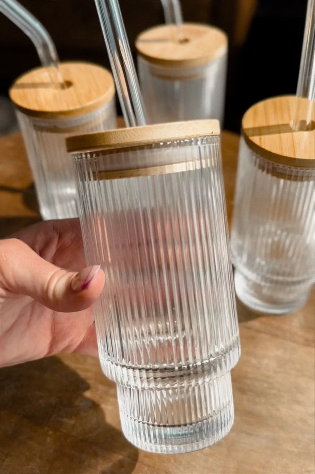 Ribbed Drinking Glasses with Bamboo Lids and Straws  400ML - My Store