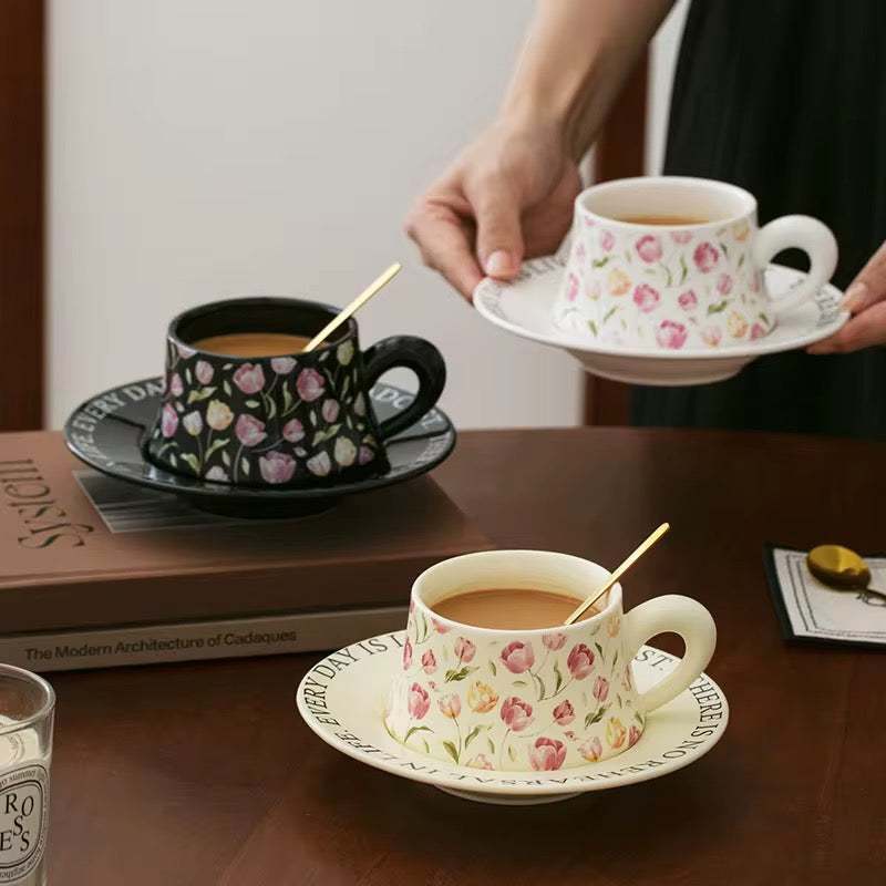 French Vintage Floral Tulip Ceramic Coffee Cup & Saucer Set – 230ml