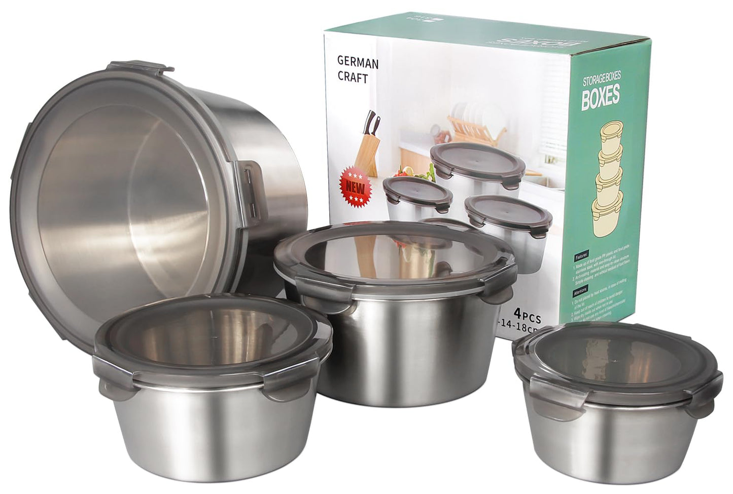4 pcs  Airtight Stainless Steel Food Container & Storage Bowl Set with Lock Lids