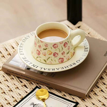 French Vintage Floral Tulip Ceramic Coffee Cup & Saucer Set – 230ml