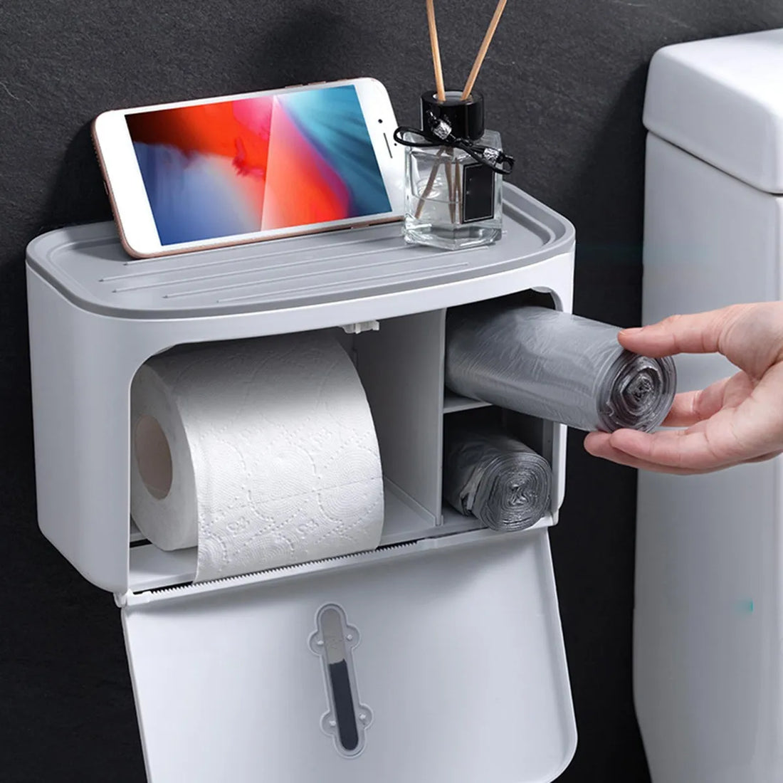 2-Tier Waterproof Wall-Mounted Toilet Paper Holder with Shelf