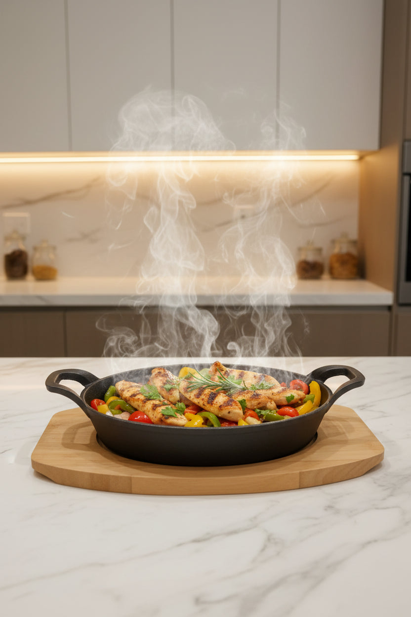 Danny Home Premium Pre-Seasoned Cast-Iron Sizzler Griddle with Wooden Board