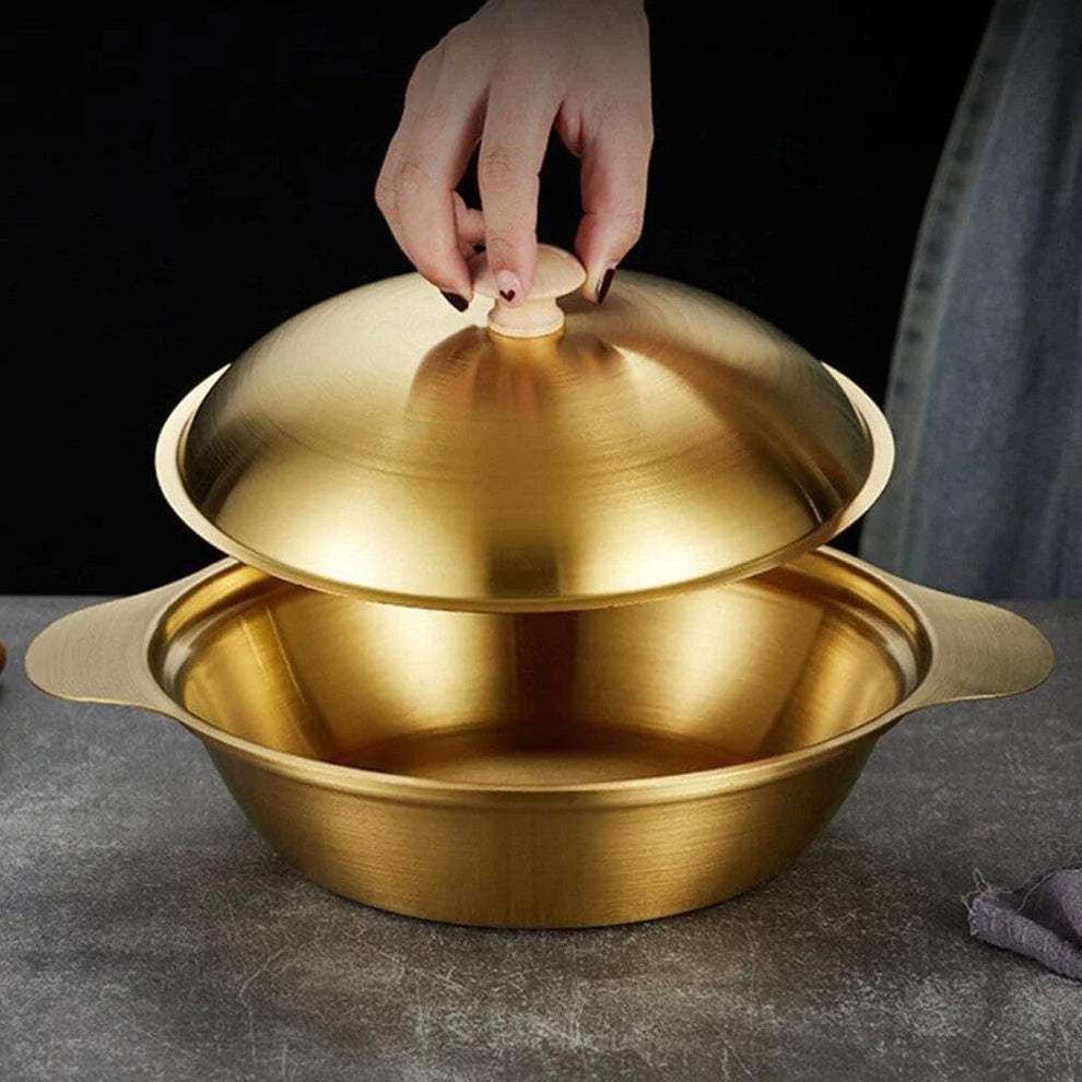 Golden Serving Bowl & Cooking Pot – With Lid & Side Handles